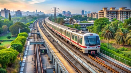Obraz premium Modern commuter train speeds along tracks on Delhi-Meerut Regional Rapid Transit System, connecting cities in India's National Capital Region with efficient transportation solution.