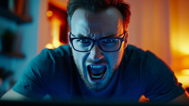 An upsetting person screaming at his computer screen, Digital Stress, Technology Frustration, Technology Tension, Work Stress, Computer Issues, Tech Support, Online Issues, Internet Trouble, Digital
