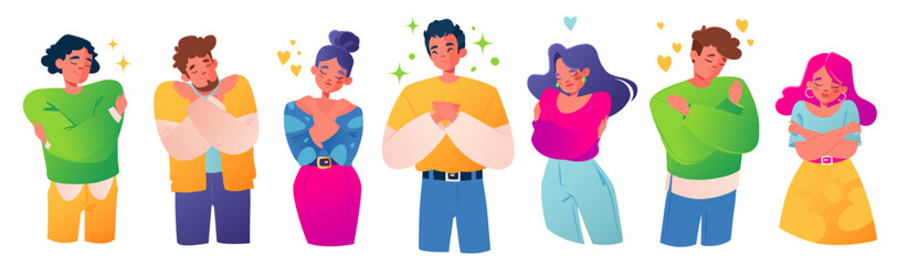 Fototapeta premium A set of vector illustrations with various characters. The concept of self-care, self-love, mental health. Women and men hugging themselves, a gesture of self-reassurance during panic attacks