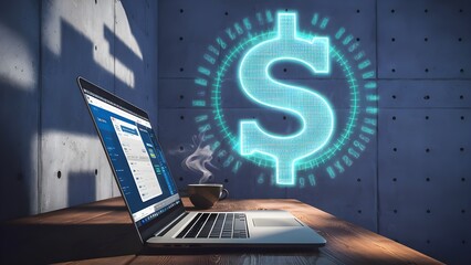 Close up of Laptop on wooden work area with espresso mug and computerized dollar sign on substantial wall foundation with shadows. Computerized banking, innovation and digital currency idea