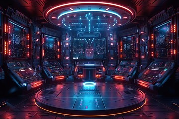 Futuristic Control Room with Red and Blue Lighting