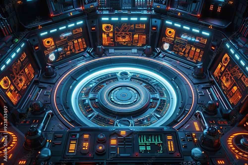Poster futuristic spaceship control room with glowing interfaces