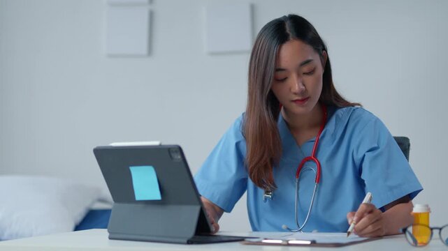 Healthcare professional using a tablet for documentation and research, wearing medical scrubs and stethoscope, focuses on her computer and notes