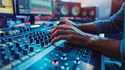 Audio expert working on editing music with daw software interface, processing and mixing sounds in control room. Skilled engineer operating on control panel board console, mixer station