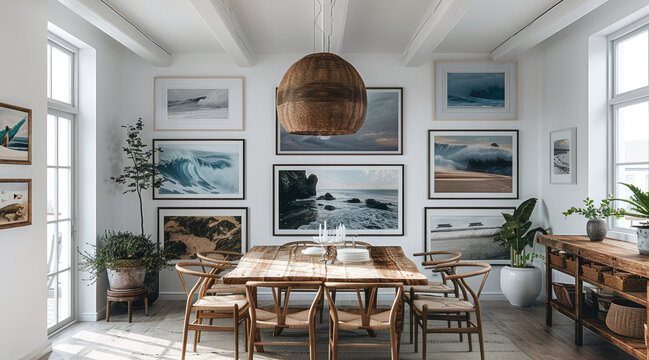 A gallery wall of paintings in different sizes and frames, with an ocean theme, were displayed on the dining room white walls. Generative AI.