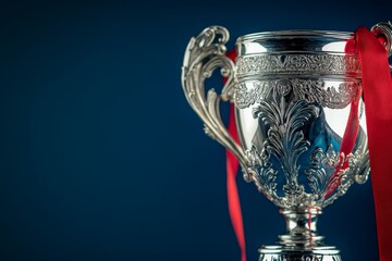 The vintage-style soccer trophy features an ornate silver cup tied with a vibrant red ribbon, showcasing its elegance against a deep blue backdrop