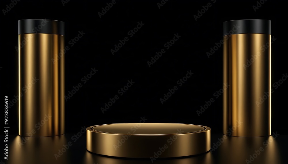 Fototapete luxury black with glossy shiny gold rim round winner podium on background with spotlight. mock up te