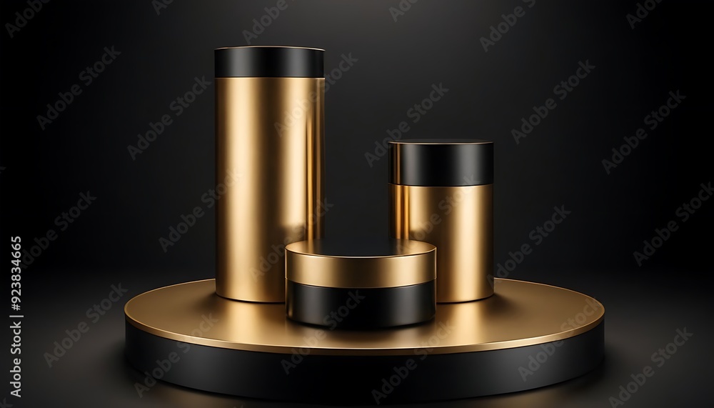 Fototapete luxury black with glossy shiny gold rim round winner podium on background with spotlight. mock up te
