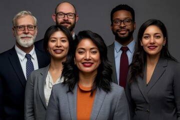A diverse group of professionals stands confidently in business attire, showcasing unity and professional diversity against a grey backdrop