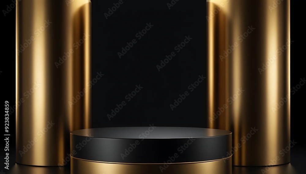 Fototapete luxury black with glossy shiny gold rim round winner podium on background with spotlight. mock up te