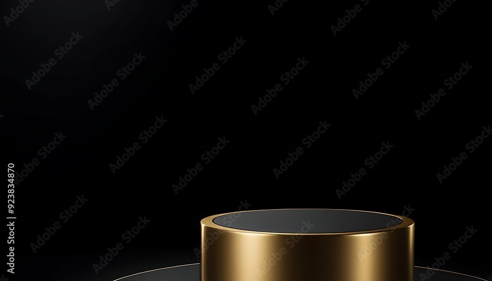 Fototapete luxury black with glossy shiny gold rim round winner podium on background with spotlight. mock up te