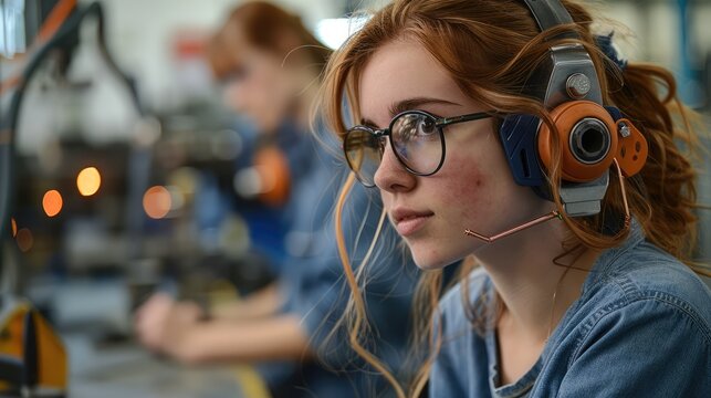 Students engaged in hands-on training with tools and equipment in a workshop or lab, showcasing practical learning in fields such as automotive, welding or carpentry. Generative AI.