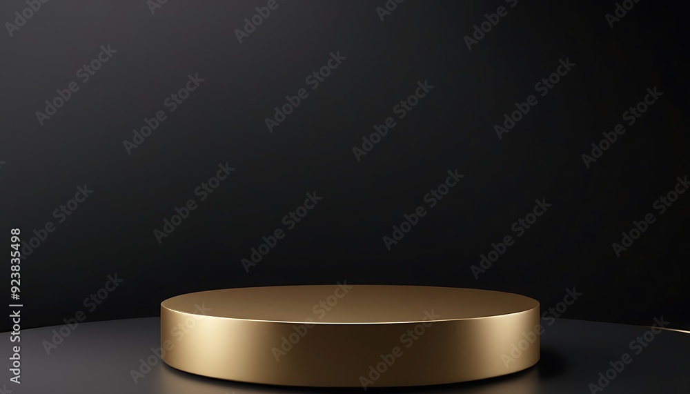 Fototapete luxury black with glossy shiny gold rim round winner podium on background with spotlight. mock up te