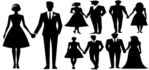 Silhouette of wedding bride and groom, set