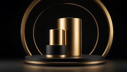 Luxury black with glossy shiny gold rim round winner podium on background with spotlight. Mock up template for product presentation. 3D rendering. copy text space8