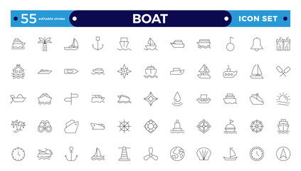 Boat outline icon set. Yacht, icon set. yachts motor boats, linear icons. Boat Icon Vector Illustration.  Editable stroke outline icon. 