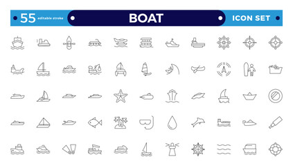 Boat outline icon set. Yacht, icon set. yachts motor boats, linear icons. Boat Icon Vector Illustration.  Editable stroke outline icon. 