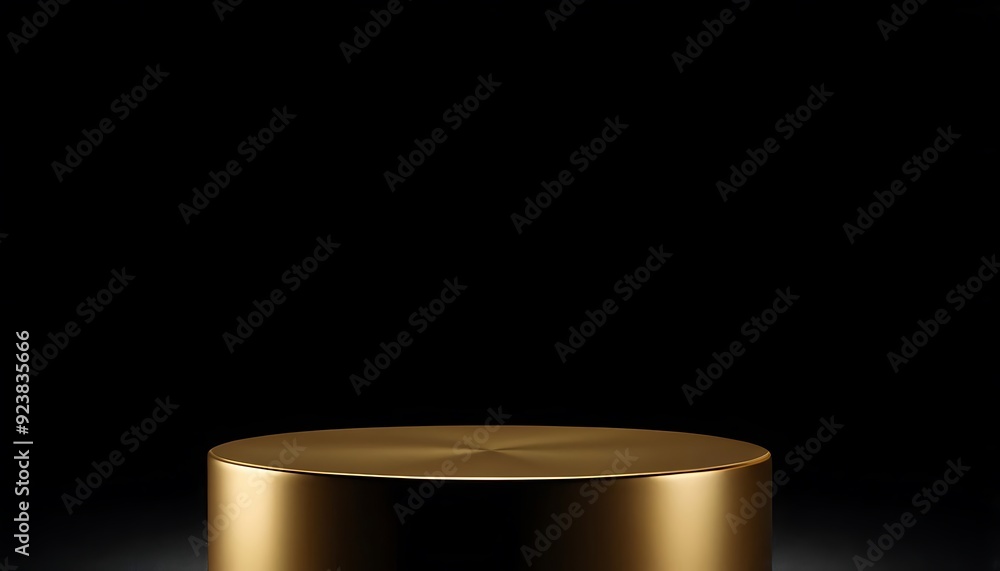 Fototapete luxury black with glossy shiny gold rim round winner podium on background with spotlight. mock up te