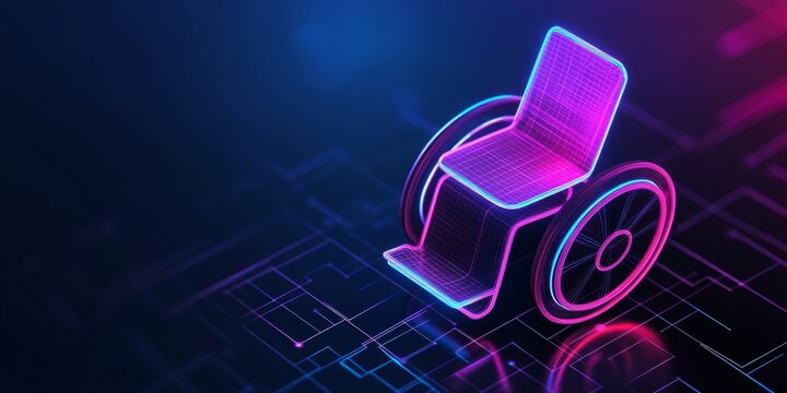 Colorful background with digital connections and rainbow colors, featuring the subject in a wheelchair