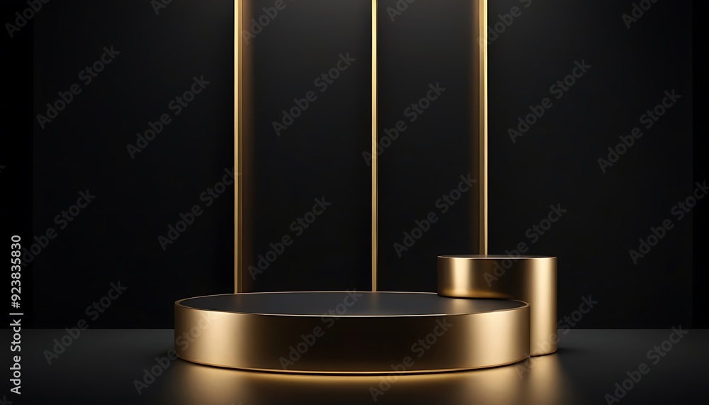 Fototapete luxury black with glossy shiny gold rim round winner podium on background with spotlight. mock up te