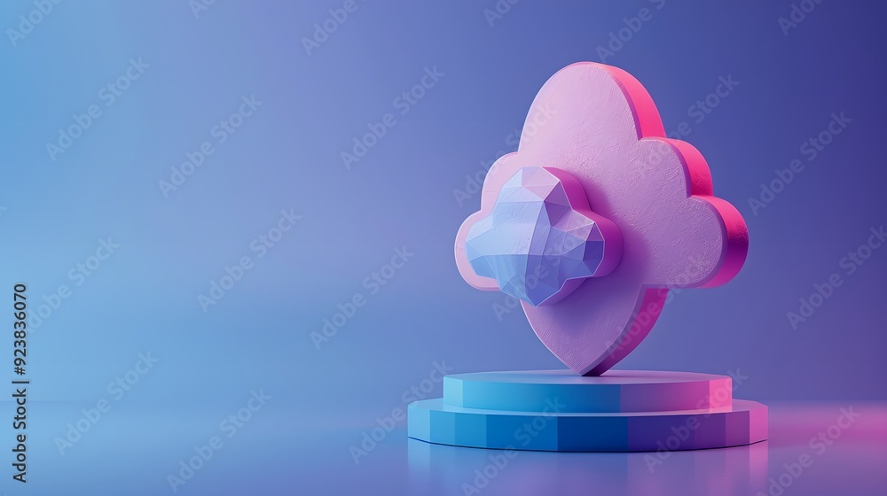 Poster 3d illustration of a cloud-shaped symbol on a pedestal with a gradient background, representing clou