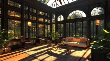 Sunbeams illuminate a sunroom with wood floors, a white couch, and a coffee table.