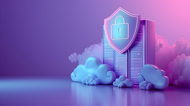 3D illustration of a secure server with shield, padlock, and clouds, representing cybersecurity and cloud protection.