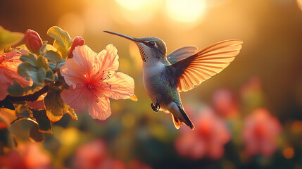 Fototapeta premium A colorful hummingbird hovering near a vibrant flower