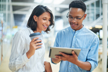 Office, business people and editor with tablet for teamwork, news article and reading story on...