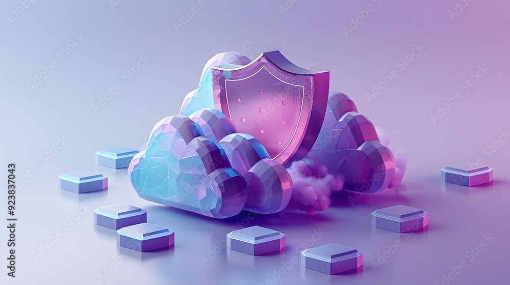 Poster 3d illustration of cloud computing security. a shield protects virtual data represented by clouds an