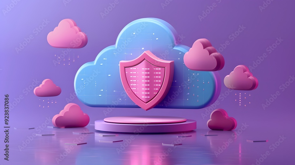 Poster 3d illustration of cloud computing security with a shield, data protection concept in pink and blue 