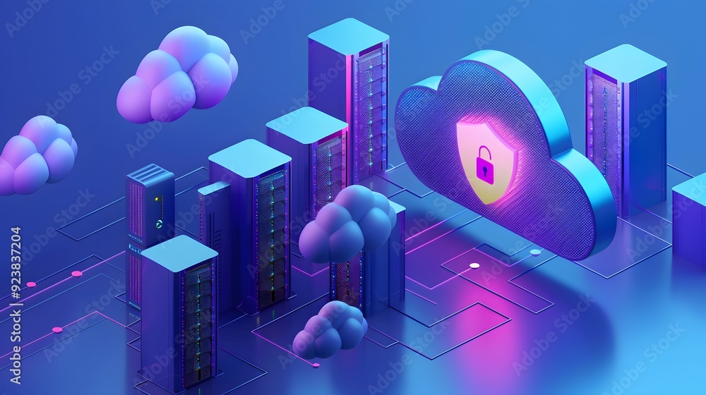 Poster 3d illustration of cloud computing technology with secure data storage servers and digital protectio