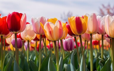 Multicolored Tulips in a wide field, with the flowers in sharp focus and the clear sky softly blurred in the background