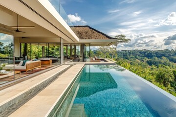 This stunning villa features an expansive outdoor deck and a large infinity pool overlooking the lush Balinese landscape