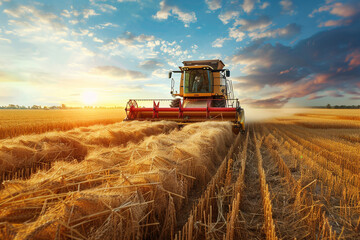 Obraz premium Harvesting Wheat in the Golden Hour