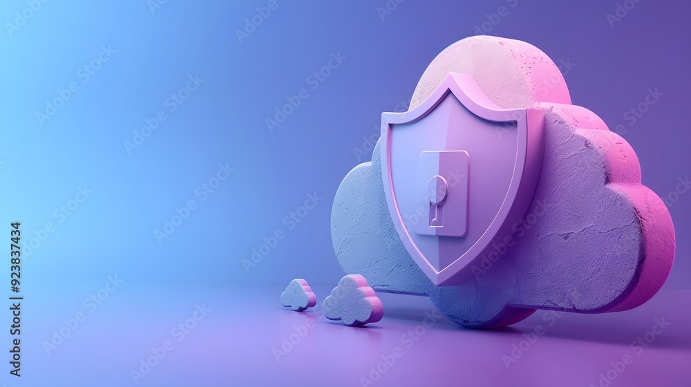 Poster 3d illustration of cloud security concept with shield and lock on a purple and blue gradient backgro
