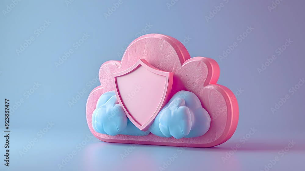 Poster 3d illustration of cloud storage with a security shield, representing data protection and cloud comp