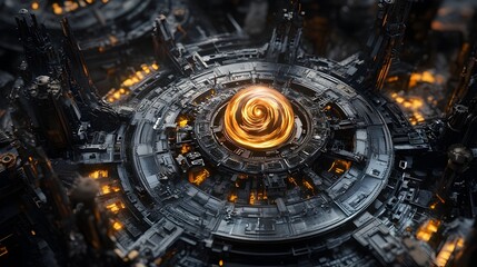 Fototapeta premium Futuristic Sundial with Swirling Plasma Ball and Intricate Mechanical Components in Steampunk Inspired Urban Cityscape