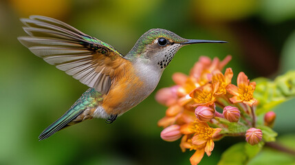 Obraz premium A colorful hummingbird hovering near a vibrant flower