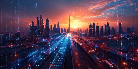Obraz premium Cityscape at Sunset with Digital Overlays