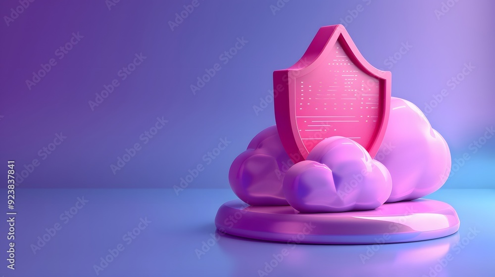 Poster 3d rendering of a pink shield and cloud symbolizing internet security, data protection, and cybersec