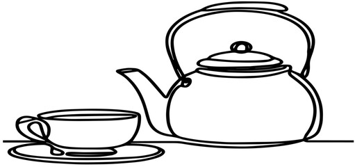 Line Art Illustration Of Cup And Teapot On Tray Icon