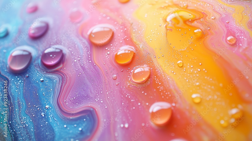 Poster colorful abstract pattern with water droplets on a vibrant surface captured in soft light