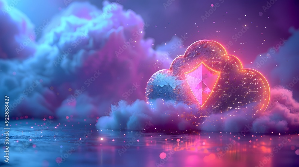 Poster a futuristic digital cloud with neon colors and a glowing shield, representing cybersecurity and dat