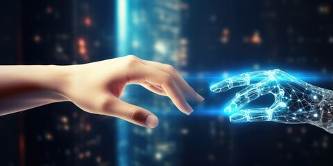 Robot hand and human touching on global virtual network connection future interface. Artificial intelligence technology background