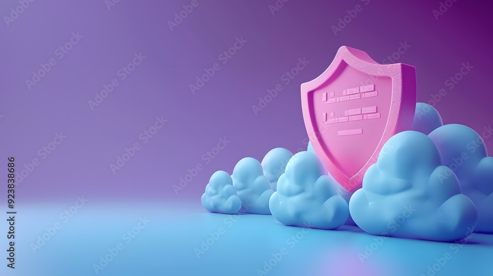 Aufkleber a pink shield icon amidst clouds on a purple background symbolizing cloud computing security and dat