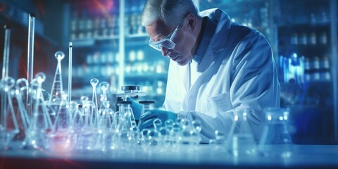 Science and medicine, scientist analyzing and dropping a sample into a glassware, experiments containing chemical liquid in laboratory on glassware, DNA structure, innovative and technology background