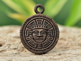 Bronze pendant with intricate circular design, rustic background.