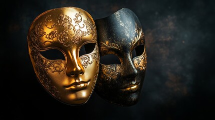Golden and black ornate masks displayed against a dark background