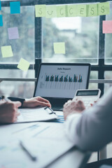 Financial business people meet continuously. Project success increases, statistics...